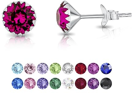 Pendientes Mujer Plata de Ley 925 con Brillantes de Cristal Multicolor 6 mm - Pendientes de Botón Pequeños Plata Ley 925 - Clásicos, Elegantes, Joyería Regalo Mujer
