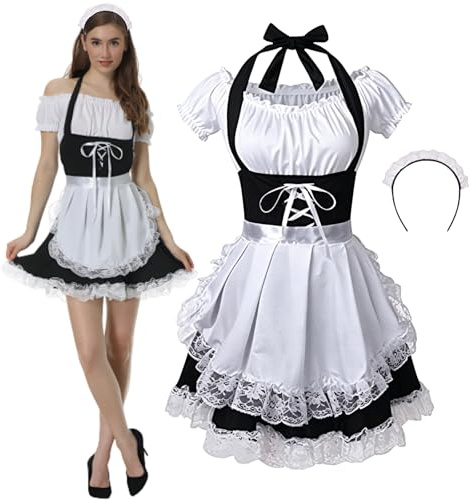 maxToonrain Damen-Kostüm, französisches Dienstmädchen, Anime, Cosplay, Outfit für Halloween Schwarz, Größe M, 4 Stück