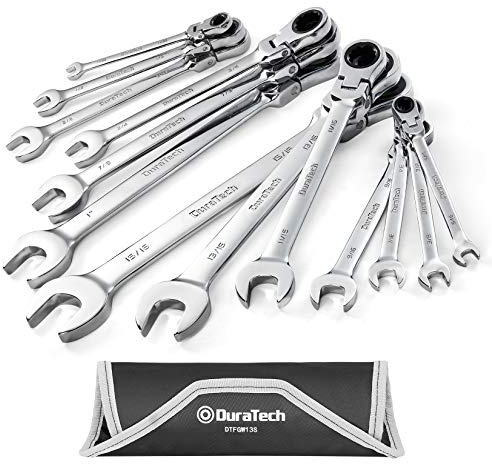 DURATECH Flex-Head Ratcheting Combination Wrench Set, SAE, 13-piece, 5/16'' to 1/4'', CR-V Steel, with Rolling Pouch