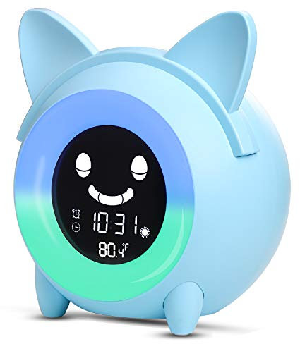 Lampe Réveil Enfant avec Veilleuse 5 Couleurs Luminosité Lumière Réglable Haut-parleurs Réveils Programmés Affichage Automatique Température pour Fête Anniversaire Noël