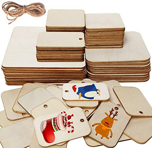 Thinkingwings Packung mit 70 unlackierten Holzquadraten, 4 Größen, darunter 30 Stück mit Loch, quadratische Holzplatten für Brandmalerei, Malerei, hängende Dekorationen, Festivals und Partydekoration,