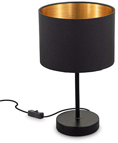 B.K.Licht - Lámpara de mesa LED con pantalla de tela, E27, con interruptor de cable, 40W, lampara de mesa, lamparas de mesita de noche, lampara mesita, lampara lectura, lampara escritorio, negro-oro
