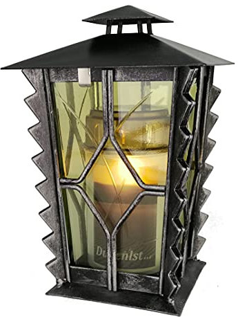 Grablaterne, Grableuchte aus Stahl mit gelben Scheiben inkl. LED Grablicht 21 cm (Aluminium)