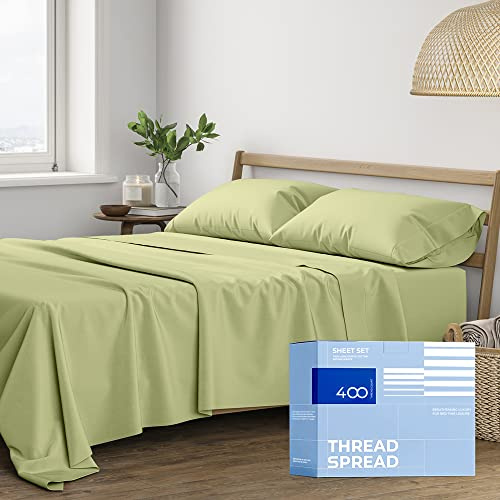 THREAD SPREAD 100% Cotton Queen Sheets Set - 400 Thread Count Queen Size Sheets (4 PC, Sage Green), 16 Deep Pocket All Around Elastic, Soft, Cooling, Durable & Breathable Sateen Weave Bed Sheet Set