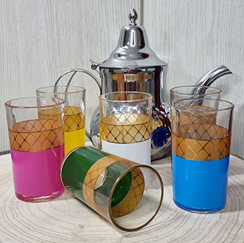 Pack de 6 Vasos de Cristal para Té marroquí y una Tetera Acero Inoxidable de 1.2 L con Filtro Integrado