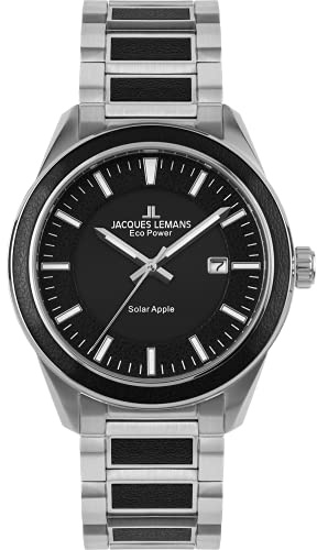 JACQUES LEMANS Herrenuhr, Eco Power Uhren Männer, Chronograph aus massivem Edelstahl mit Apfel-Leder Armband, Model 1-2116