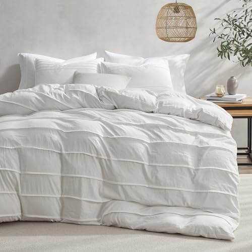 Oli Anderson White Duvet Cover Queen Size - Pleated Queen Duvet Cover, 3PCS Soft and Breathable Textured Bedding Set with Zipper Closure(White,90x90)