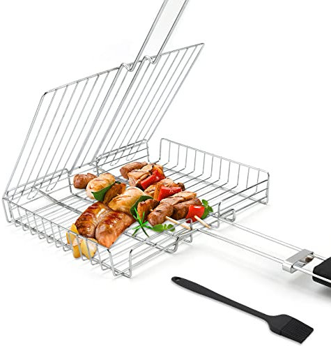 BBQ Grillkorb Fischbräter Faltbarer Grill Fischhalter Edelstahl Fisch-Grillkorb mit Holzgriff, Tragbares Grillroste Grill Basket mit Saucenpinsel für Fisch gemüse Steak Garnelen, 26 * 20 * 3.5 cm
