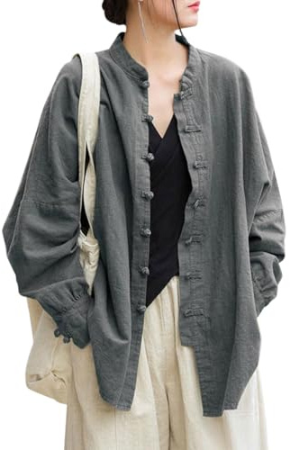 Aeneontrue Camicette Oversize da Donna in Lino Vintage a Maniche Lunghe Giacche Larghe Camicie Rana Cinese, Grigio, L