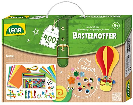 Lena Bastelkoffer mit 400 Teilen, Bastelset bestehend aus Papier, Moosgummi, Pfeifenreiniger, Strasssteine, Wackelaugen, Pompons und Knöpfe, in bunten Farben, geeignet für Kinder ab 5 Jahren