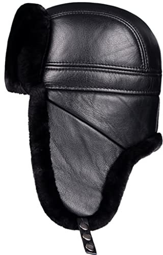 ZHOUXIAO Winter Lederhut Aviator Hut Ohrlappen, Unisex Winddichte wasserdichte Mütze Echte Lederhüte Bomber Trapper Hut, Warme Jagd Hut Russian Kunstpelz Trooper Hut, Geschen black-56-57CM