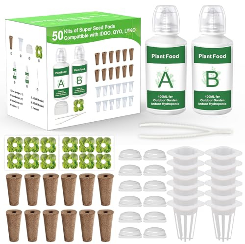Seed Pods Kit Hydroponics Supplies with 12 Grow Sponges, 12 Grow Baskets, 12 Grow Domes, A&B Solid Nutrient Plant Food, 12 Labels and 1 Tweezer，Compatible with Idoo,QYO, LYKO