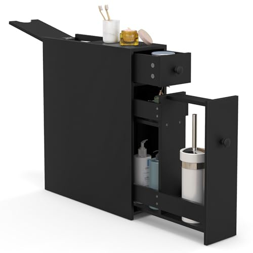 KOMFOTTEU Nischenschrank Nischenregal Holz, schmaler Badezimmerschrank mit 2 Schubladen, Aufbewahrungsschrank Badezimmersäule, Seitenschrank für Küche Badezimmer 16x48x58cm (Schwarz)
