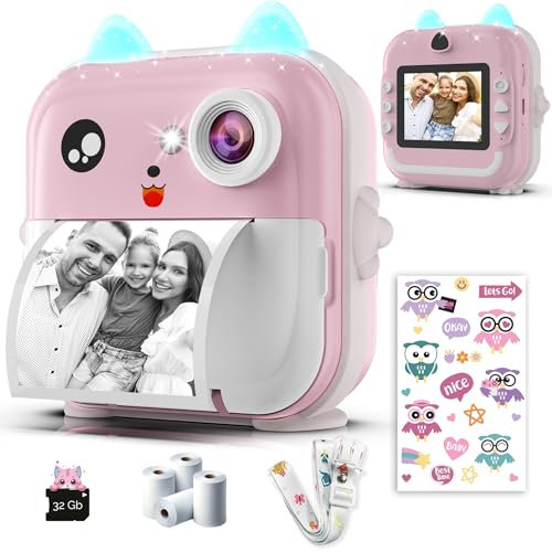 Kids camera instant print - 48MP Dual Lens, 1080P Video, Thermal Printing with 4 Paper Rolls - Fun Filters, Stickers & Games - Bluetooth App, 32GB Card - Gift for Girls & Boys Ages 3-12 (Pink)
