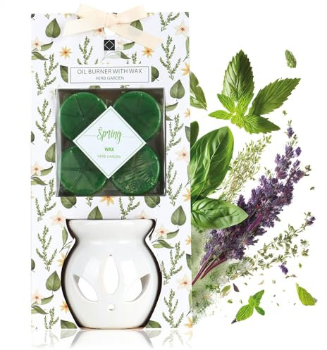 com-four® Lámpara Aromática Candelita con Cera - Calentador para Aceites Esenciales, Aceite Aromático y Cera Perfumada - Difusor de Aroma de Cerámica (Jardín de Hierbas aromáticas de Cera)