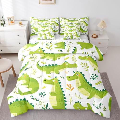 Erosebridal Bettwäsche-Set mit grünem Krokodilmuster, 7-teilig, niedliches Tier-Krokodil-Bett in einer Tasche für Kinder, Jungen, Mädchen, Wildtier-Safari-Bettwäsche-Set mit 2 Laken, 2 Kissenbezügen,