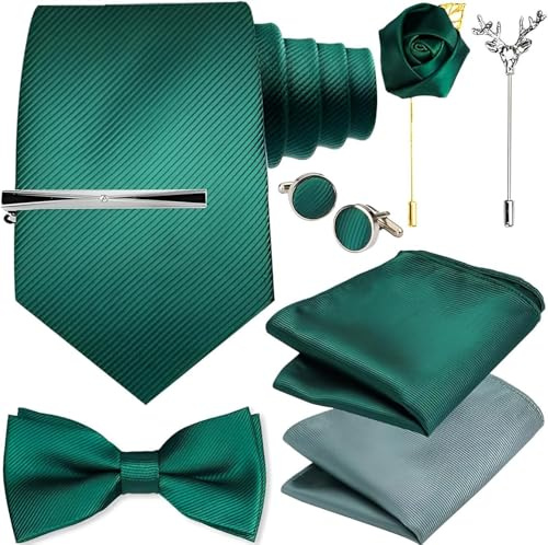 Elegantes Krawatten-Set für Herren – Krawatte, Fliege, Einstecktuch, Manschettenknöpfe, Krawattennadel & Ansteckblume – Hochwertige Materialien, Geschenkbox, ideal für Hochzeit & Business (Grün)