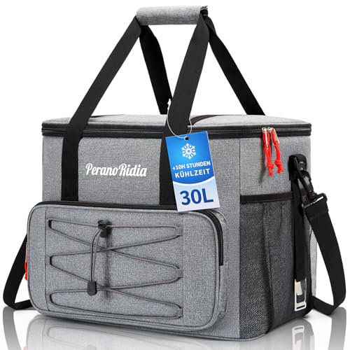PeranoRidia Kühltasche Gross 30L Faltbar für Unterwegs, Isoliertasche Thermotasche Cooler Bag Boxen für Essen & Getränke, Tragbare Kühlbox Picknicktasche Kühlkorb für Reisen Camping BBQ Strand, Grau