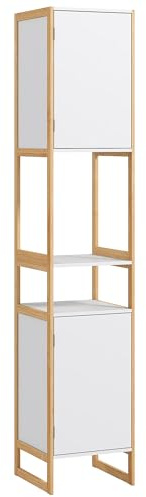 HOMCOM Colonna Bagno Salvaspazio in Bambù, Mobile Bagno con Ripiani Aperti e 2 Armadietti con Apertura a Pressione, Bianco