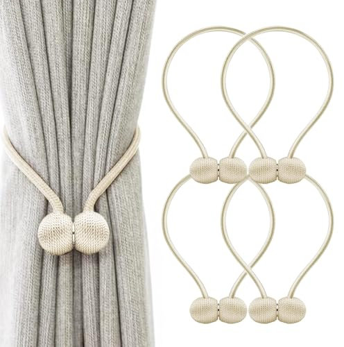 Elfinfi 4 Pezzi Calamite per Tende, Fermatenda Non è Necessario Forare, Ferma Tende con Calamita per la Decorazione Della Casa, Della Camera da Letto e Dell'ufficio (Beige)
