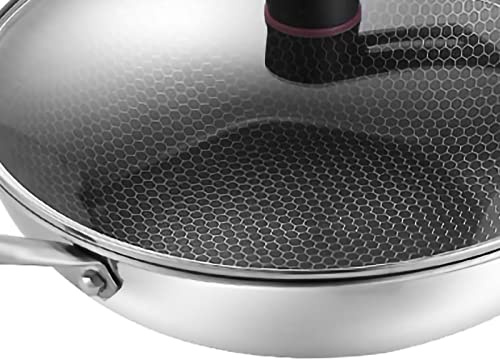 Wok, Padella Wok Wok in Acciaio Inossidabile a Nido d'ape a Doppia Faccia a 3 Strati con Microincisione Finemente Intagliata per la Cucina (32 cm/12,6 pollici (con coperchio e