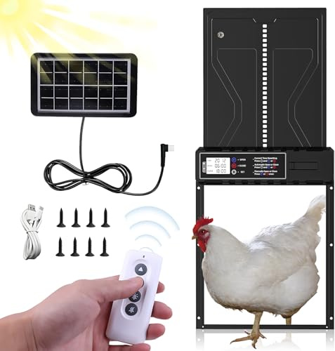 Puerta de gallinero, automática, solar, con apertura programada, función anti-pliegue, eléctrica, resistente al agua, resistente a la lluvia y al agua, con control remoto, 33 cm x 24,5 cm, Negro