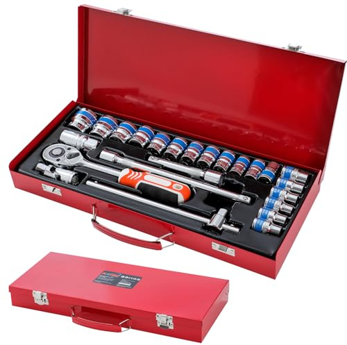 KATSU Tools Lot de 24 douilles 1/2, CR-V, douilles métriques 8-32 mm, clé à cliquet à dégagement rapide à 24 dents et barre d'extension dans une boîte en acier, ensemble d'outils de mécanicien pour