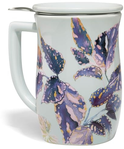 Tea Forte Taza de cerámica Fiore con asa, cesta infusora extraíble de acero inoxidable y tapa, para preparar té de hojas sueltas de 14 onzas, apto para lavavajillas y microondas, Demoiselle