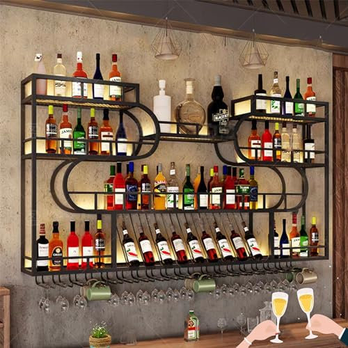 Wand-Weinregal, schwebende Barregale, Spirituosenregal, Wandmontage mit LED-Licht, Regale für Weinflaschen mit hängendem Weinglashalter, Barschrank für die Hausbar, Esszimmer, Küche (schwarz