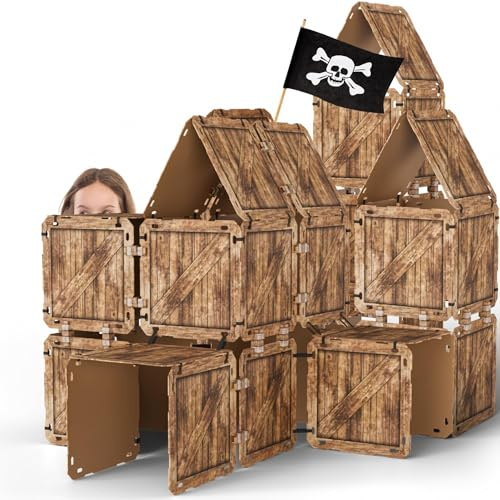 Papphaus Spielhaus für Kinder zum Bauen und Bemalen, XXL Karton Fort Bausatz, stabile Bauplatten und Verbindungssystem, Kreatives Spielhaus für Indoor Rollenspiel, Basteln und Fantasiespiel, 126 Teile