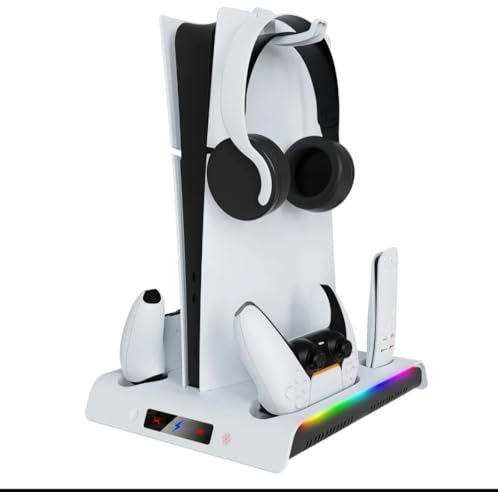 Générique Station de Chargement pour Console PS5/Slim/Pro Support de Casque et Chargeur manettes Refroidissement Multifonctionnel avec Double contrôleur Chargeur