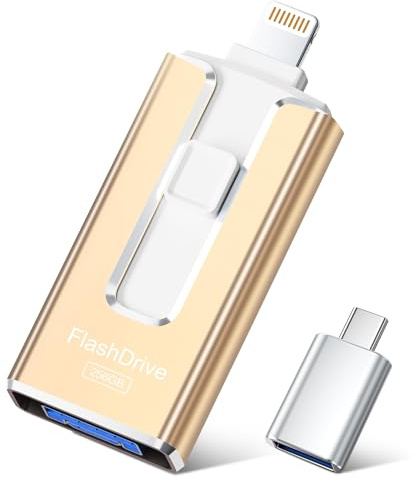 SUDEHO Cle USB 256 Go, Clé USB iPhone MFI Certifié, 4 en 1 Clef pour iPhone/Android/Type C et PC, Cle USB C Photo Stick Mémoire Externe pour Stockage Photos, Vidéos, Fichiers(Or)