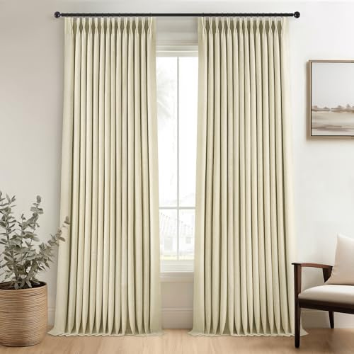 Extra Long 100% Blackout Linen Curtains 108 Inches Long for Living Room Large Window with Hooks Rings,Ceiling to Floor Pinch Pleated Cold Blocking Acoustic Heavy Beige Track Curtains 2 Panels 9 FT