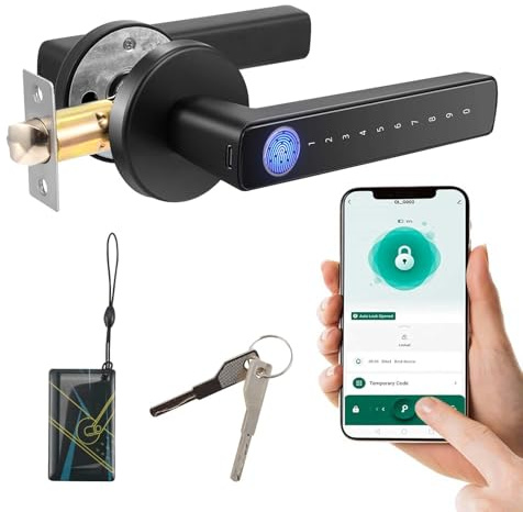 6-in-1 Intelligentes Türschloss und Griff für Türen mit Einer Dicke von 3–5.5 cm, Smart Fingerabdruck Biometrisches Elektronisches Türschloss für Zuhause, Wohnung, Büro, Haustür (schwarz 02)