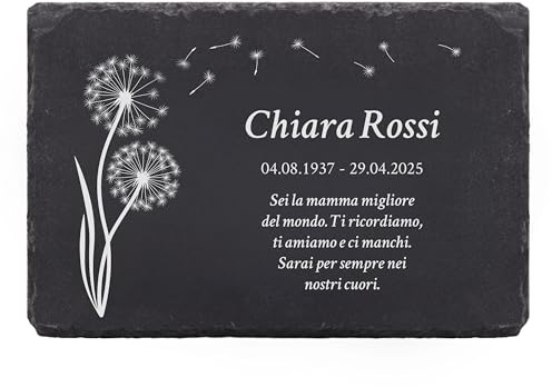 LAUBLUST Lapide personalizzata come decorazione funeraria con testo desiderato | Lastra in ardesia incisa come targhetta funebre - Motivo soffione, 3 dimensioni | Belle lapidi con nome
