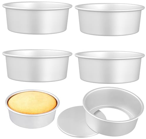 CHIHEUNG 5PCS 5 Inch Round Cake Tin with Loose Base, Anodised Aluminium Deep Baking Pan Set for Wedding Birthday Party
