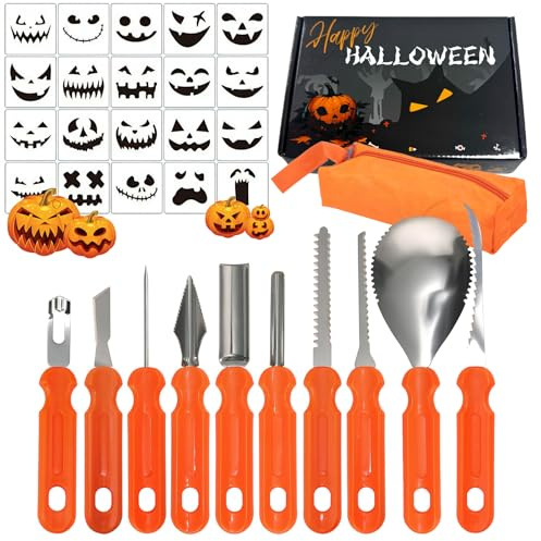 Halloween Kürbis Schnitzset, 31 Stück Kürbis Schnitzset mit Vorlagen und kleiner Werkzeugtasche – Schnitzwerkzeug Kürbis, Edelstahl Schnitzmesser Kürbis, Kürbisschnitzwerkzeuge für Erwachsene & Kinder