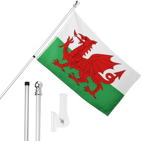 I LOVE FANCY DRESS Mât de drapeau du Pays de Galles et support mural – Drapeau du Pays de Galles avec œillets, mât extensible et support – Décoration intérieure et extérieure 1,5 x 0,9 m