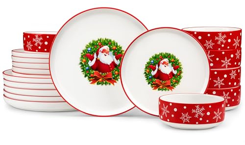 MALACASA Assiette de Noel Porcelaine, 18 Pièces Service de Table Noel, Rouge avec un Motif de Père Noël, Décorations et Cadeaux de Noël