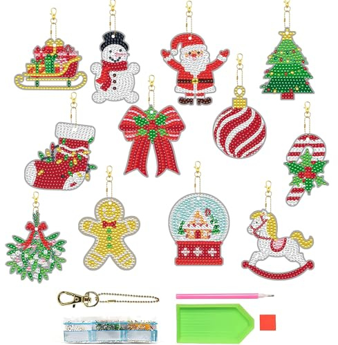 Toyhood 12pcs Christmas Diamond Painting Keychain Kit, Double Sided DIY 5D Diamond Art Painting Pendant, Santa Claus, Snowmen, Xmas Trees, Baubles, for Christmas Crafts Gift Decoration (Multi-A)
