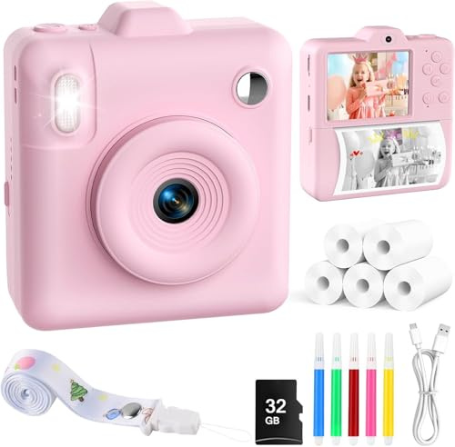 Appareil Photo Instantané Enfants - 1080P HD 2,4 Appareil Photo Enfant Selfie Caméra Vidéo avec Papier d'impression et Carte 32GB,Cadeau Jouet de Noël pour Filles et Garçons 3 à 12 Ans,Rose