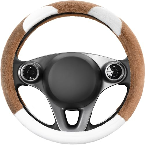 Upgrade4cars Lenkradbezug Teddy Plüsch Braun Weiß Universal 37-39 cm | Lenkradhülle flauschig weich | passend für die meisten Fahrzeuge | Sommer & Winter | erprobte Qualität