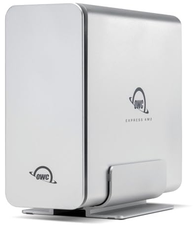 OWC Express 4M2 USB4-hölje med 4 NVMe-fack 2230/2242/2280 SSD | Upp till 3 200 MB/s | RAID 0/1/4/5/10/JBOD | Mac/PC-kompatibel | Aluminium | Tyst | USB-C-kabel ingår | SSD-fri