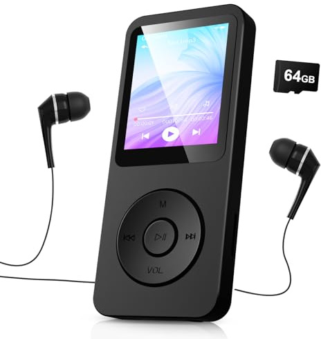 64GB MP3 Players Bluetooth 5.3 - with 1.8’ TFT Colour Screen with Earphone, HiFi Music Kids MP3 Player with Speaker, FM Radio, E-Book, Recording, Support up to 128 GB (Upgrade Black-64GB)