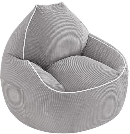 MeMoreCool Large Adult Corduroy Bean Bag Chair, Grey | Bean Bag With Filling Included, Comfy Lounge Lazy Floor Sofa Accent Couch For Living Room Furniture and Bedroom