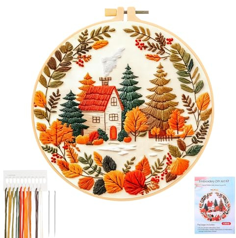 JSRQT Kit de Inicio de Bordado,Casa de Otoño Bordar a Mano Kit Principiantes, Kit de Herramienta de Punto Cruz a Mano para Adulto Principiantes