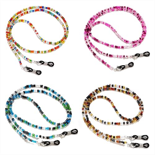 Qzakce Catena di Occhiali 4 Pezzi Laccetti per Occhiali con Perline di Vetro, Antiscivolo Collana Porta Occhiali Catenina da Lettura per Donne e Ragazze per Occhiali da Sole e da Vista