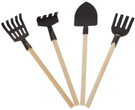 Set di Attrezzi da Giardinaggio in Legno e Ferro 4 Pezzi | Casa Piccola e Decorazione Giardino Fatato, Stile Rustico Antico, Colore Nero, per Bambini