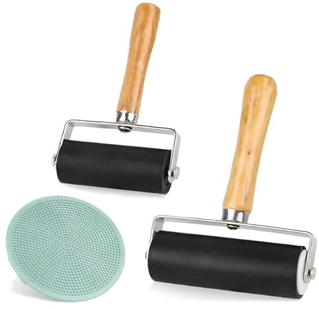 2 stycken gummibrayer skoter, 6 cm, 10 cm, gummirulle, strukturrulle, linoltryck, robust tryckrulle, gummirulle, med 1 gravyr, för tryckgrafik, stämpling, tryck, bläck, tapeter och hantverk