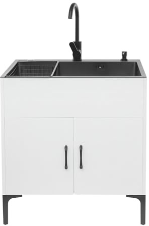 Freistehende Küchenspüle mit Unterschrank Spülenunterschrank Wäschespüle mit Holz Schrank, 1 Becken Spüle mit Wasserhahn und Ablaufkorb für Outdoor, Küche, Restaurant, Garage, Garten, Bar (Weiß)
